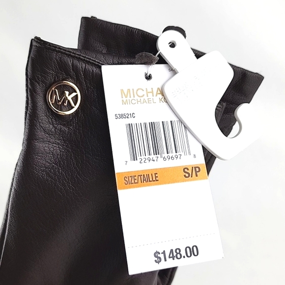 NWT Michael Kors Women Dark Brown Leather Gloves Touch Screen Fleece Lined Sz S - Picture 7 of 10